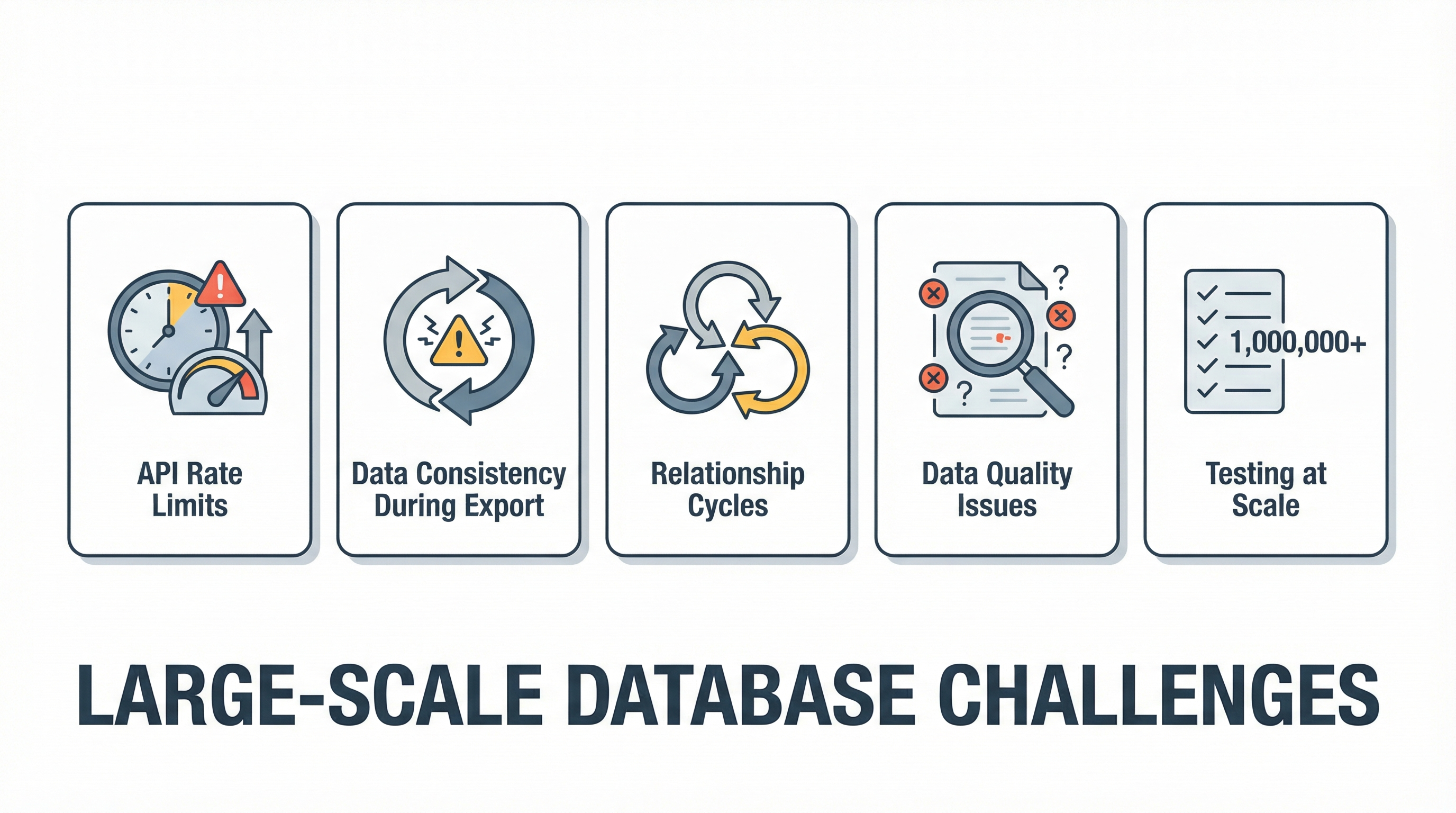 Five scale challenges: API Rate Limits, Data Consistency During Export, Relationship Cycles, Data Quality Issues, Testing at Scale
