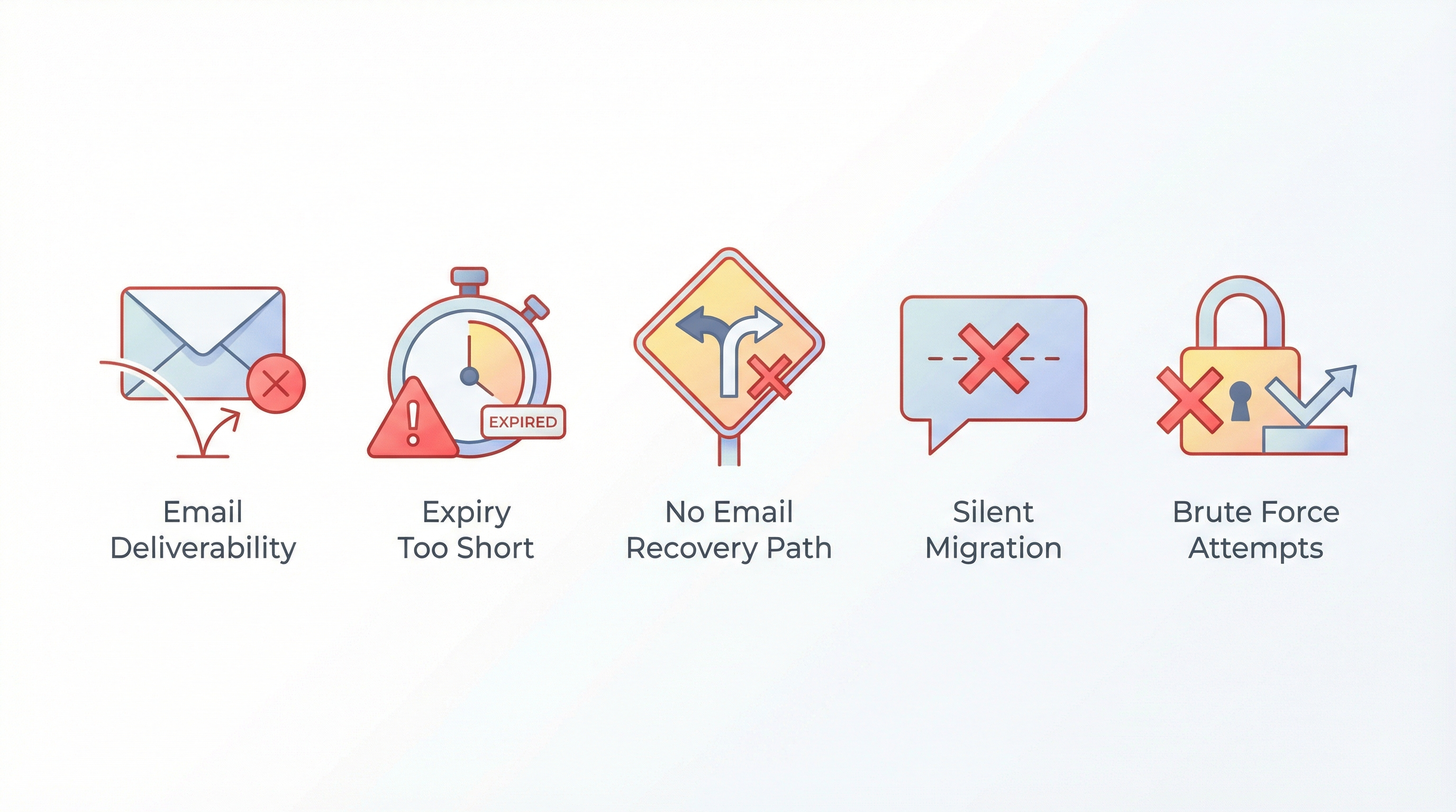 Five common mistakes: Email Deliverability, Expiry Too Short, No Email Recovery, Silent Migration, Brute Force Attempts Five common mistakes: Email Deliverability, Expiry Too Short, No Email Recovery, Silent Migration, Brute Force Attempts