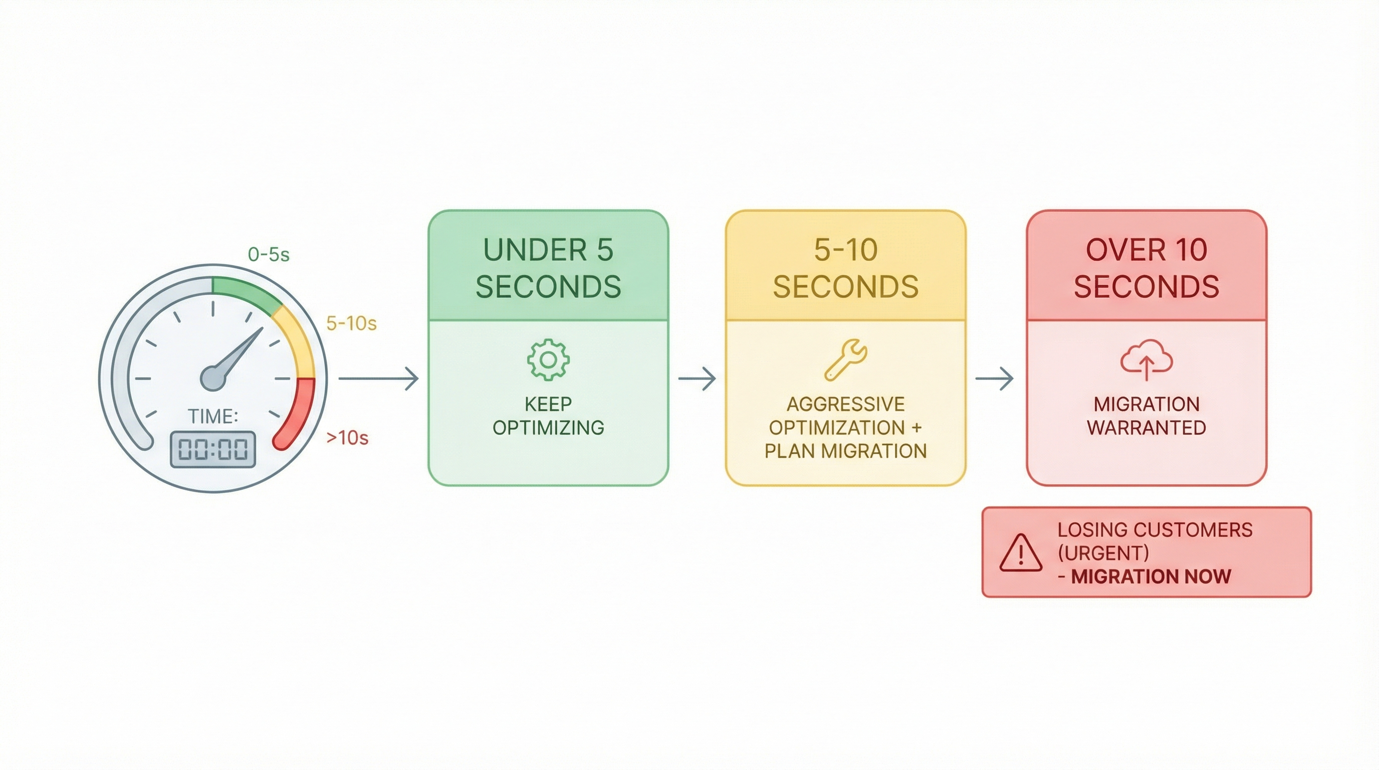Decision framework: Under 5s (optimize), 5-10s (plan migration), Over 10s (migrate now) Decision framework: Under 5s (optimize), 5-10s (plan migration), Over 10s (migrate now)