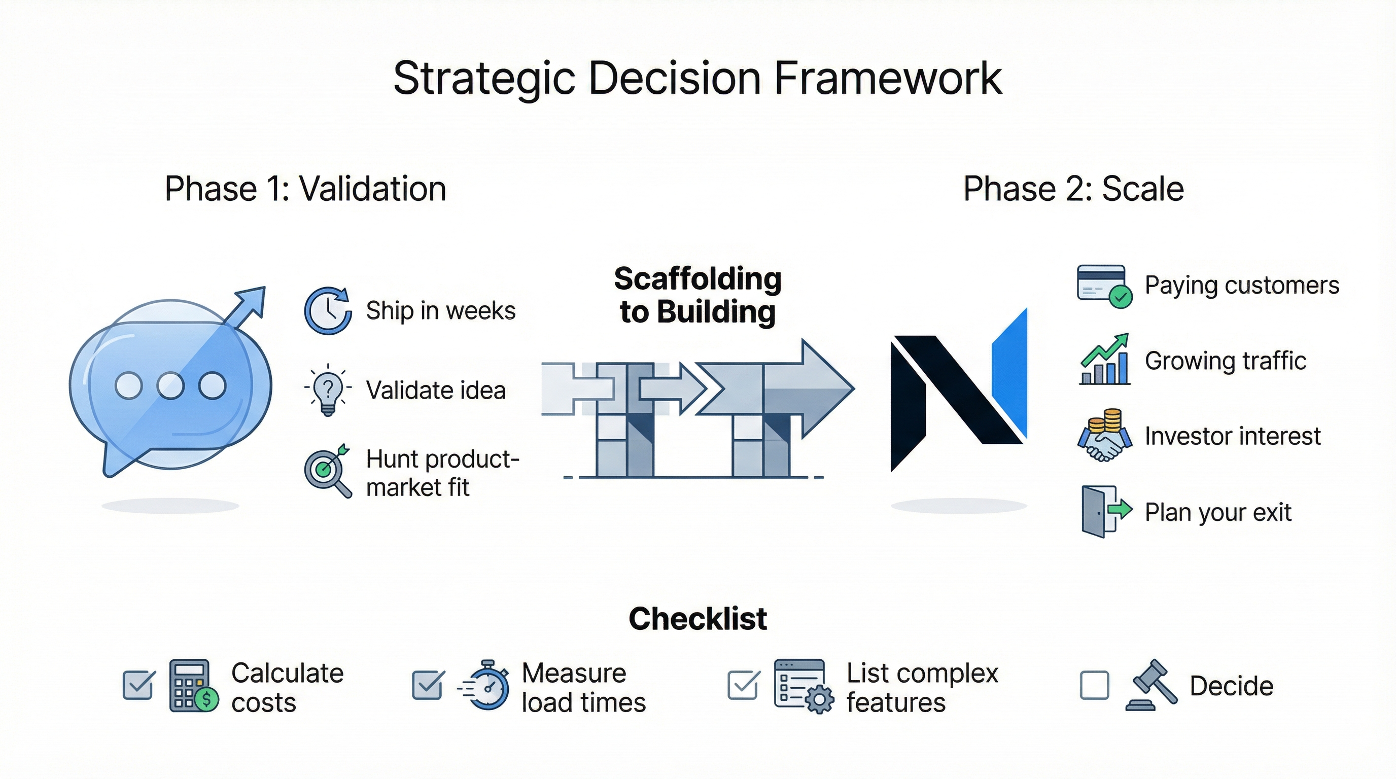 Strategic framework: Validation phase on Bubble, scale phase on Next.js