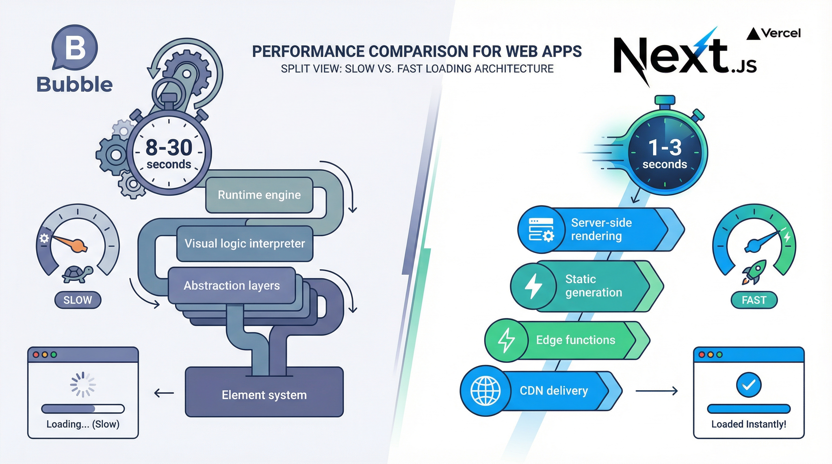 Performance comparison: 8-30 second Bubble load times vs 1-3 second Next.js