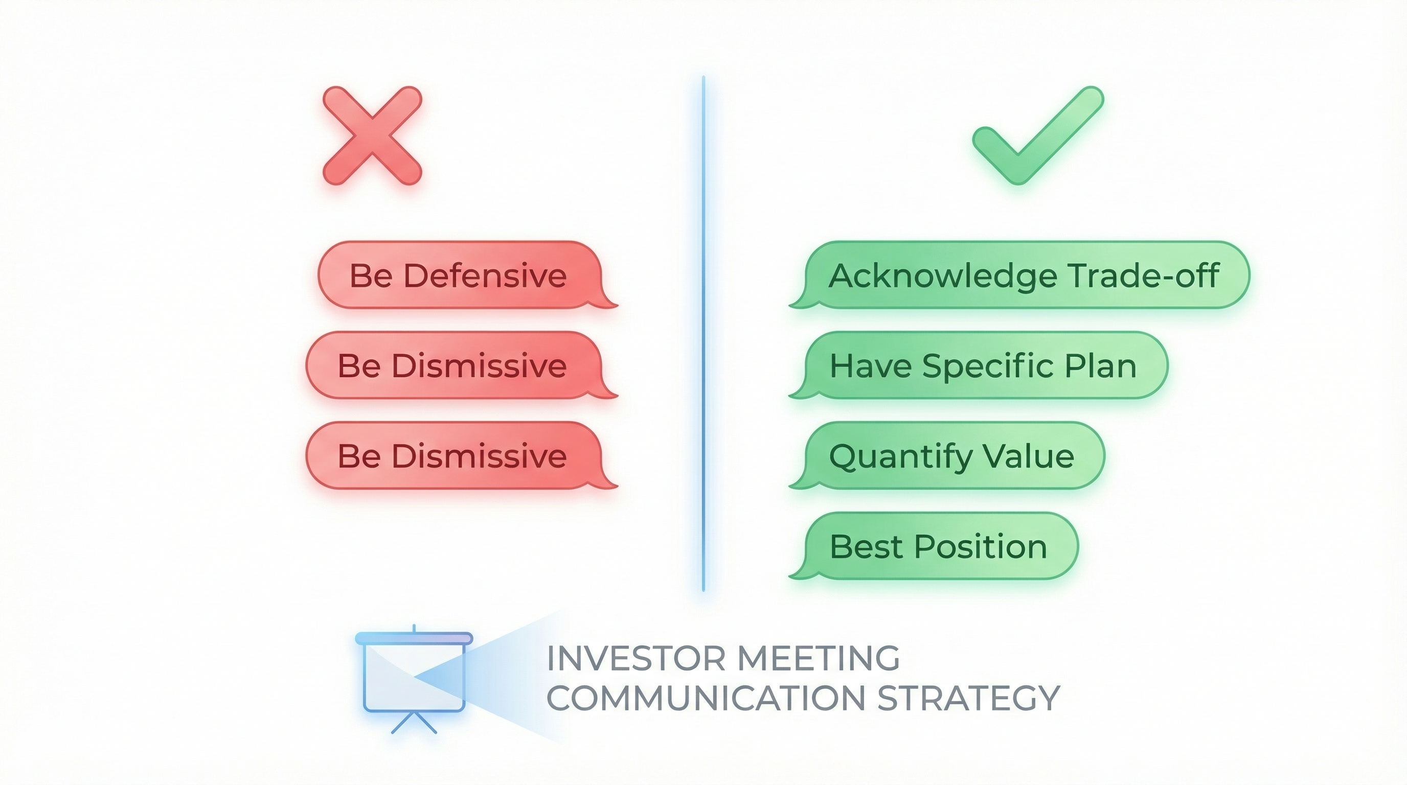 Investor meeting strategy: Don't be defensive or dismissive; Do acknowledge trade-offs, have a specific plan, and quantify value