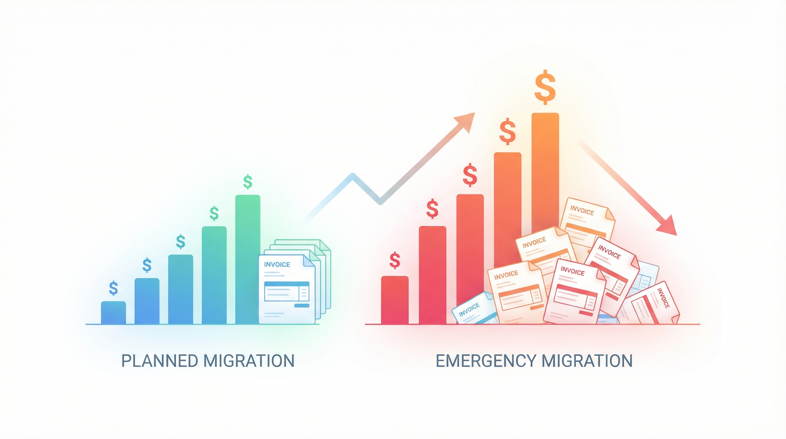 Hidden costs of emergency migration - calculator, money flying, and ticking clock