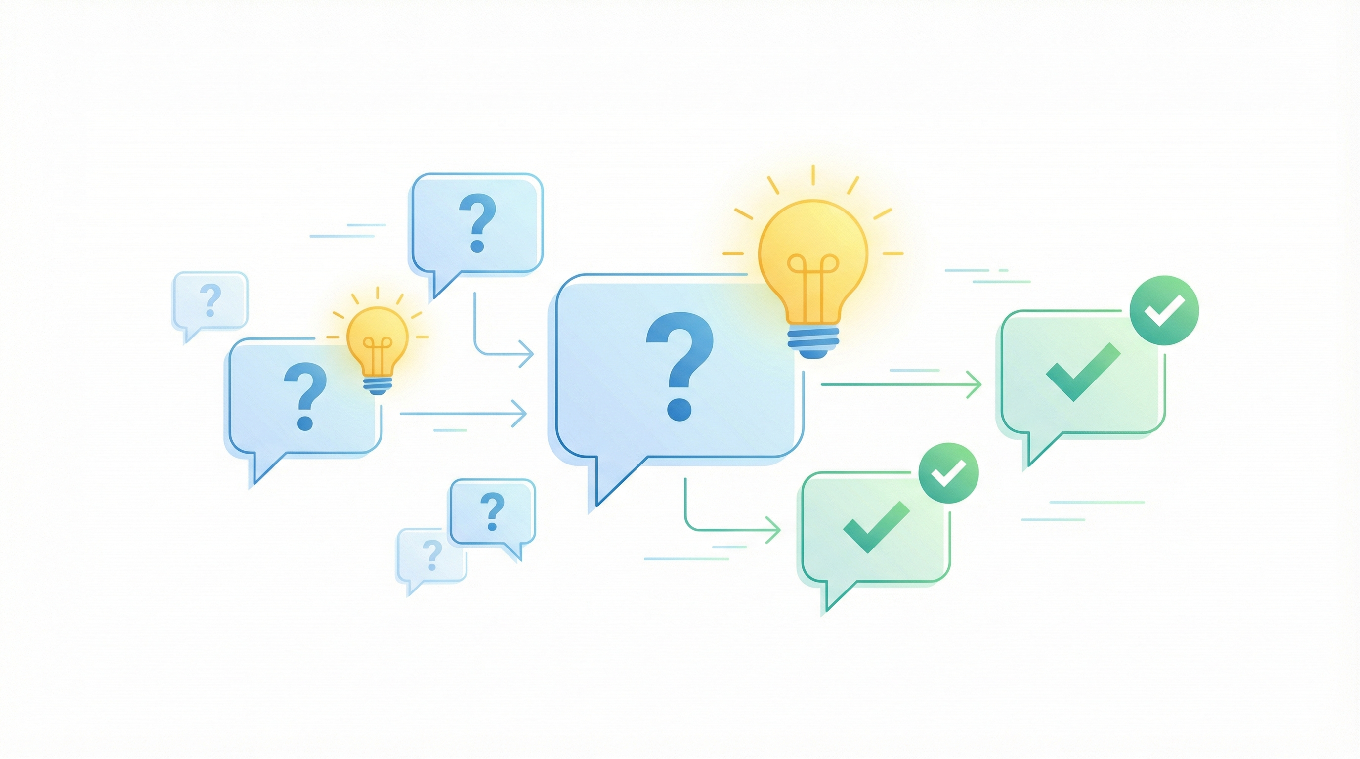 FAQ concept with question marks, accordion list, and lightbulbs